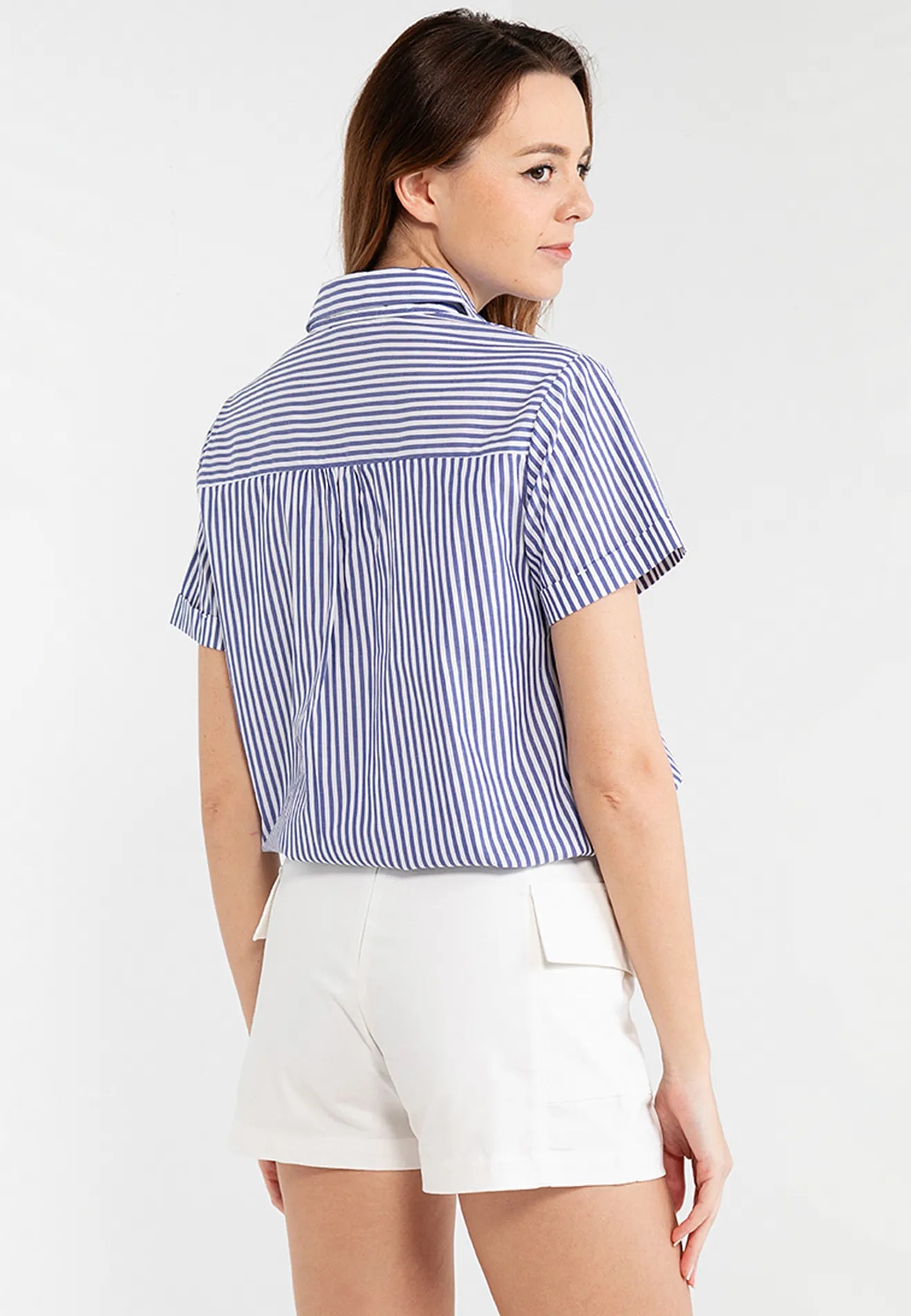 Striped Pocket Button Down Drawstring Shirt