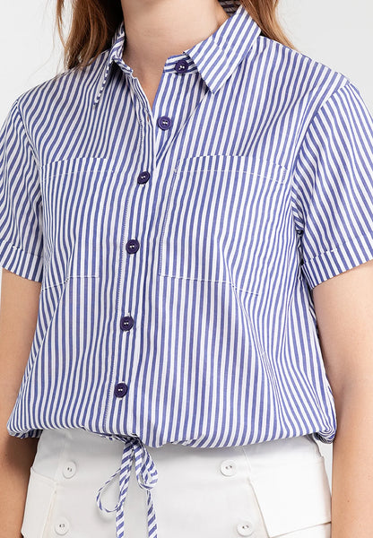 Striped Pocket Button Down Drawstring Shirt