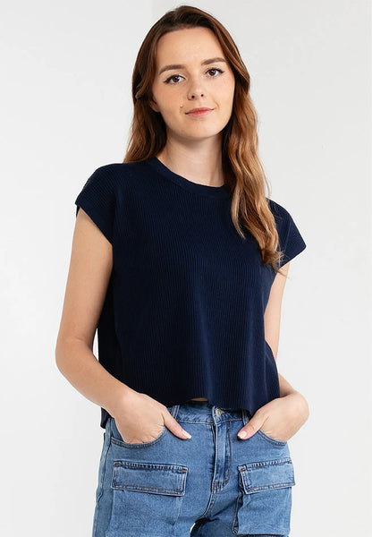 Plain Knitted Cap Sleeves Boxy Top