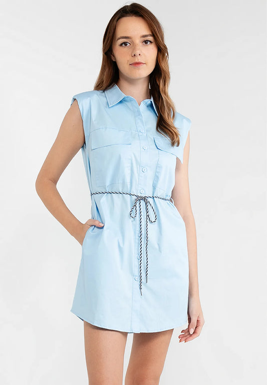 Belted Sleeveless Pocket Mini Shirt Dress
