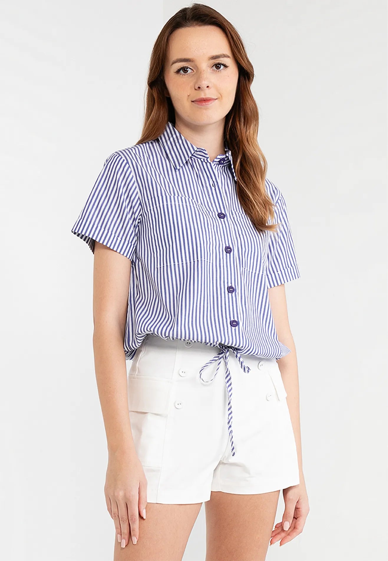 Striped Pocket Button Down Drawstring Shirt