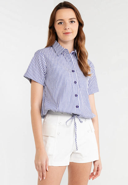 Striped Pocket Button Down Drawstring Shirt