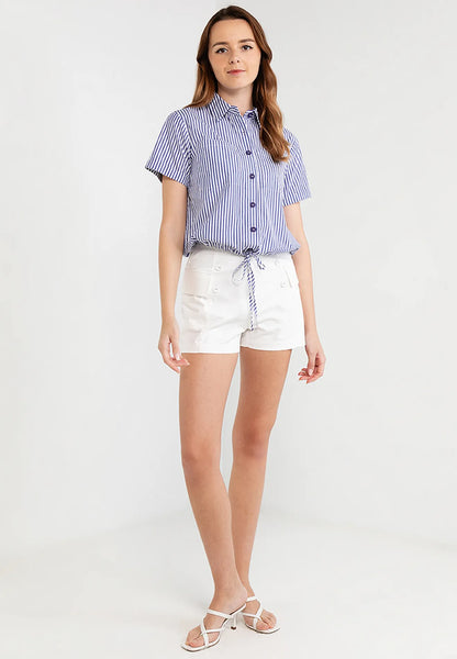 Striped Pocket Button Down Drawstring Shirt