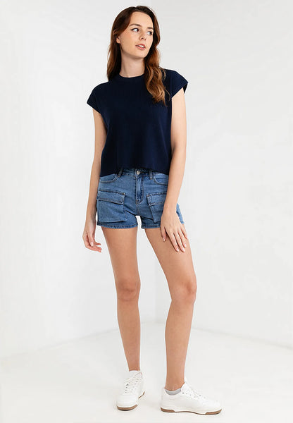 Plain Knitted Cap Sleeves Boxy Top